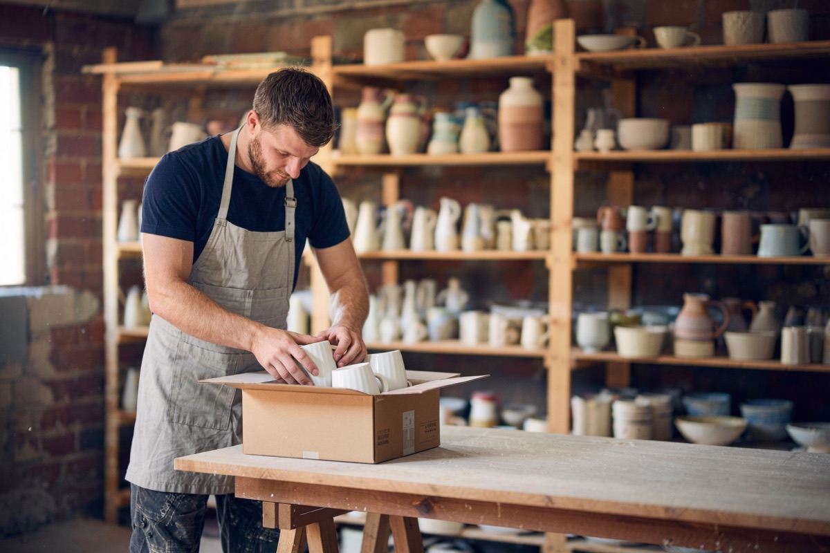 A maker in an apron packing a boxed order in his pottery studio