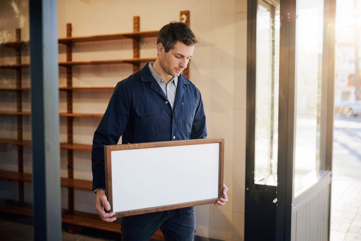 Carrying a shop sign into a bright new shopfront