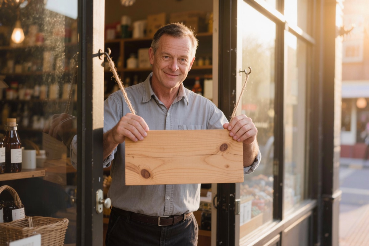A shopkeeper turning the sign on the shop door