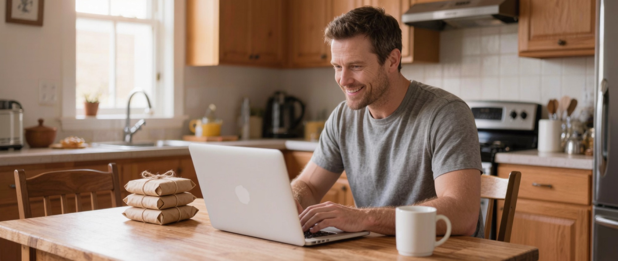 A seller running his shop from a laptop at the kitchen table