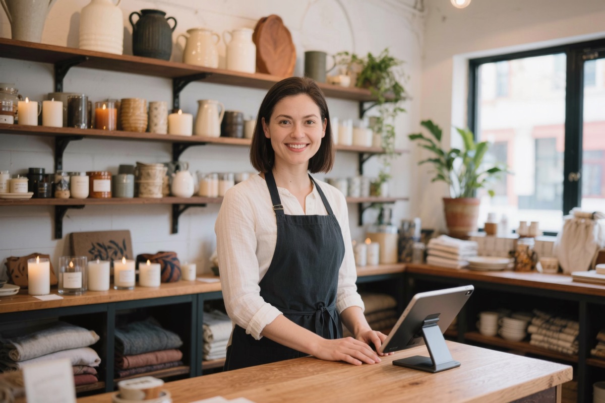 A shopkeeper at the counter of a homeware and candle boutique, tablet till beside her