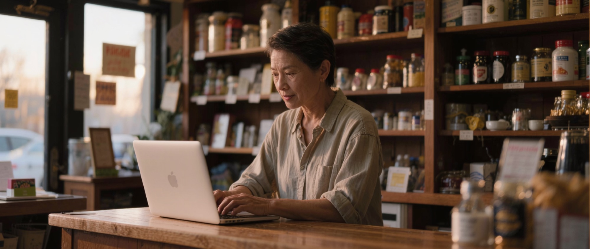 A shop owner working at a laptop behind the counter of her deli